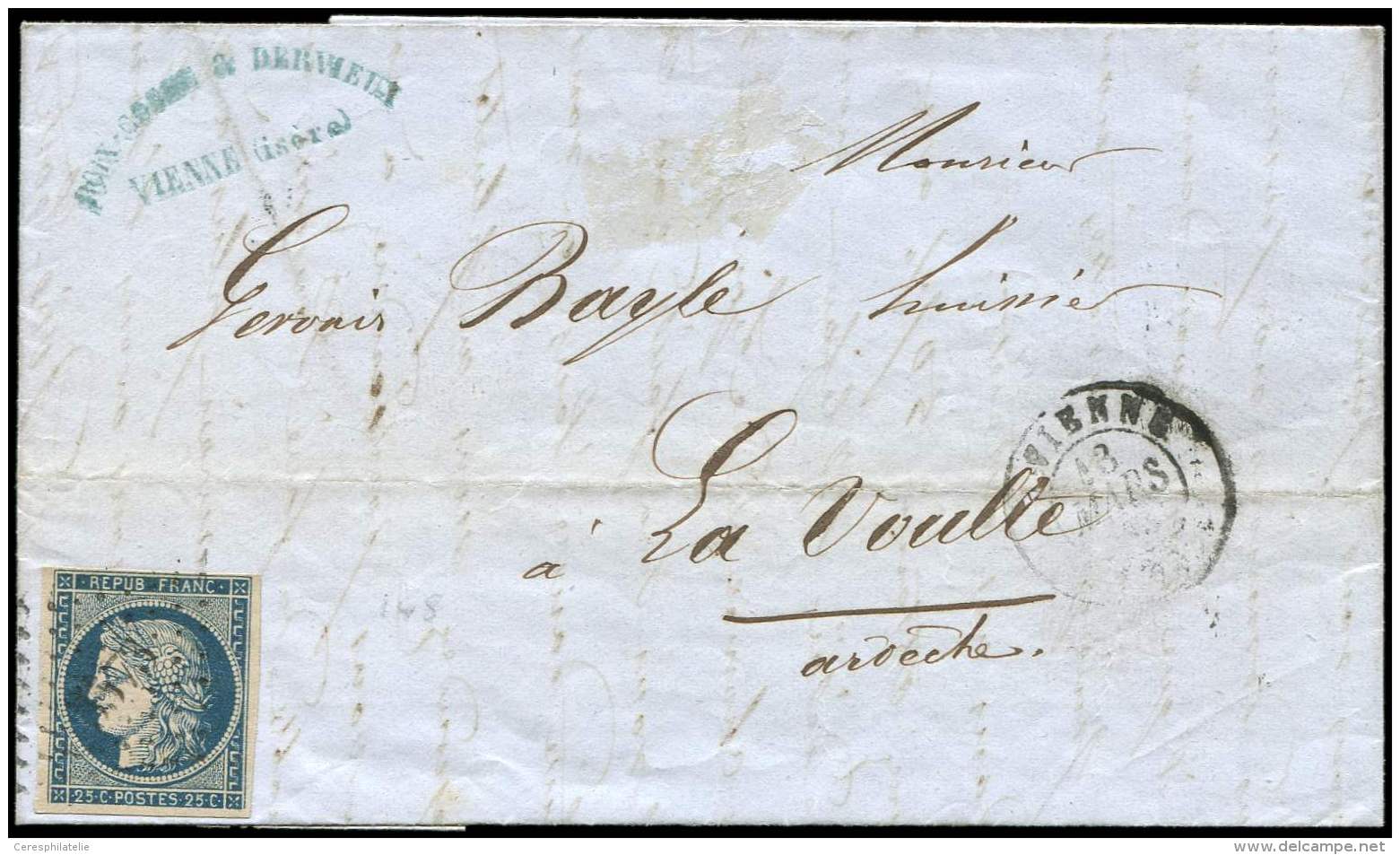 4d   25c. Bleu Sur Jaune, Filet Inf&eacute;rieur Absent, Obl. PC 3573 Sur LAC, C&agrave;d VIENNE 13/3/(50), TB - Sonstige & Ohne Zuordnung