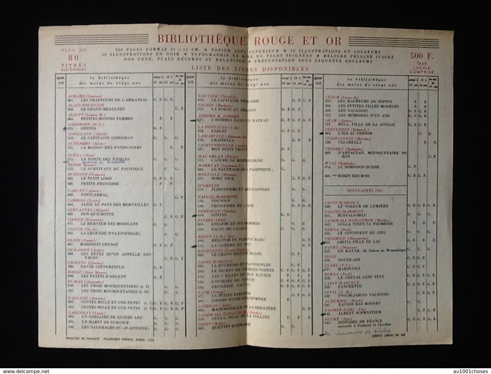 Bibliothèque Rouge Et Or Liste Des Titres Disponibles 1955 - Autres & Non Classés