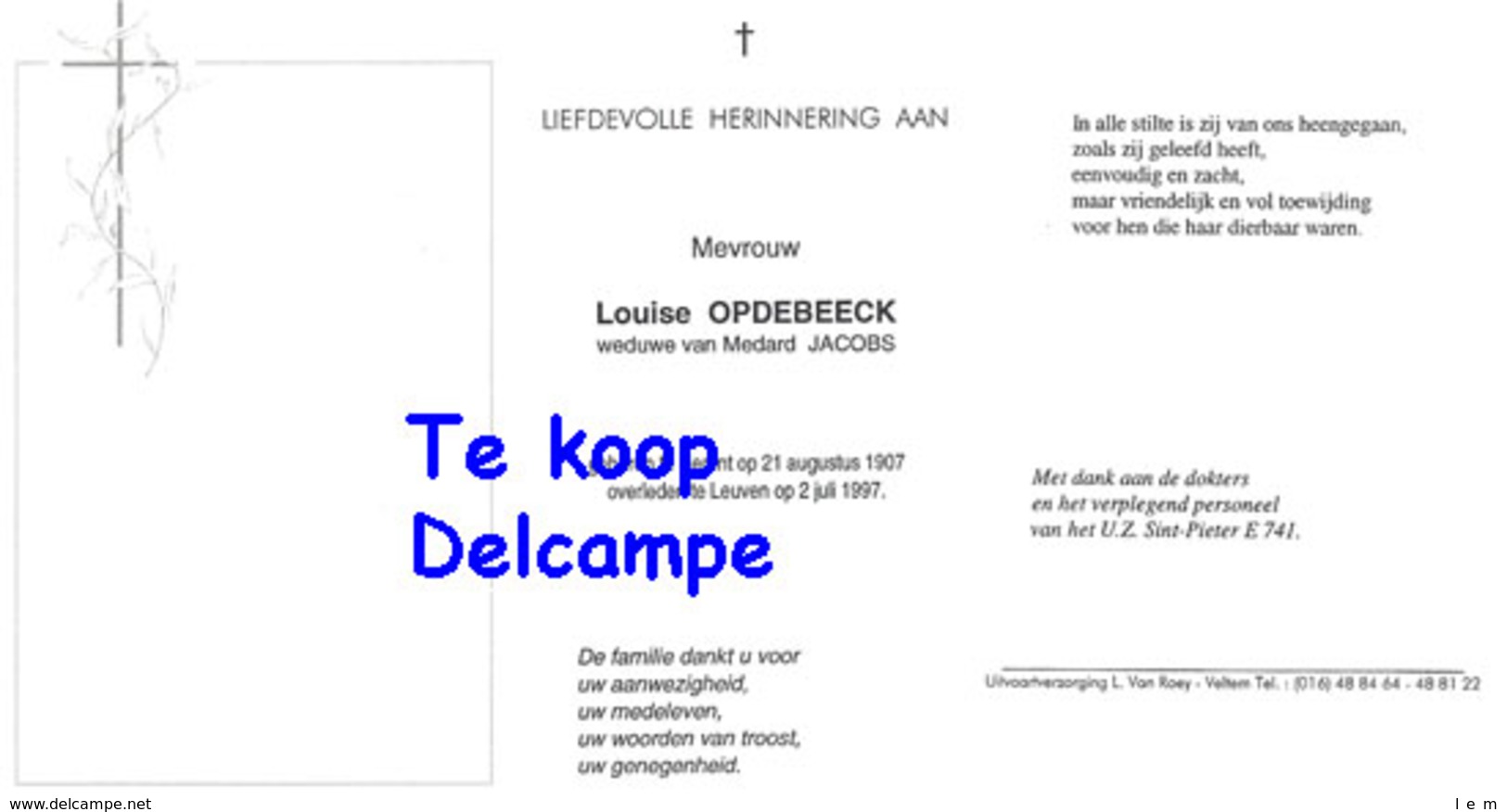 Bidprentje Opdebeeck Louise (x Medard Jacobs ) , Herent - Leuven , 1907 - 1997 - Religione & Esoterismo