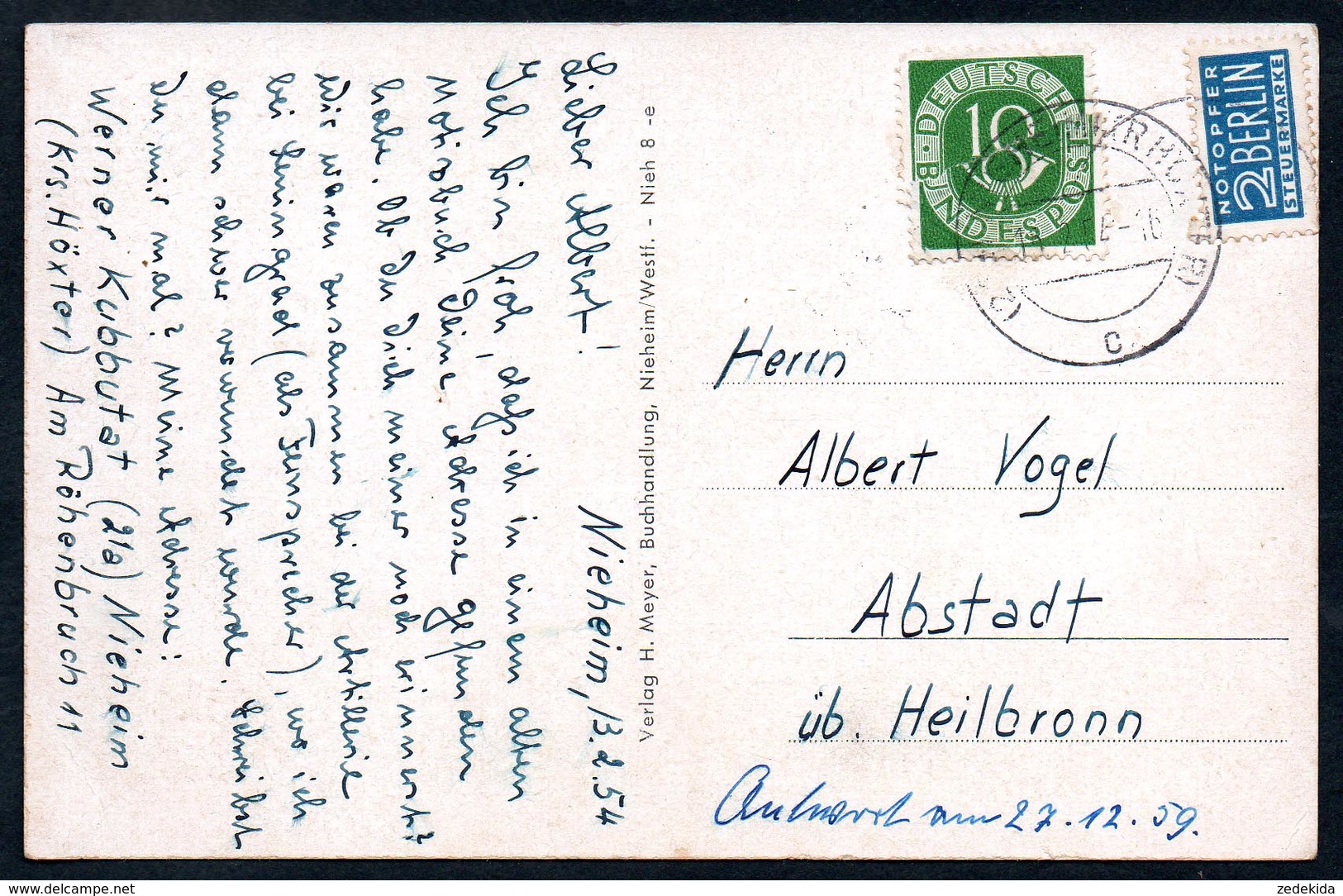A0671 - Alte Ansichtskarte - Nieheim - Gel 1954 Bizone - Meyer - Hoexter