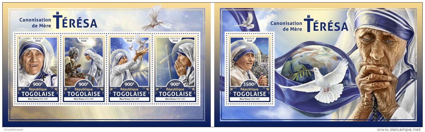 TOGO 2016 ** Canonisation Mother Teresa Heiligsprechnung Mutter Teresa M/S+S/S - OFFICIAL ISSUE - A1706 - Mother Teresa