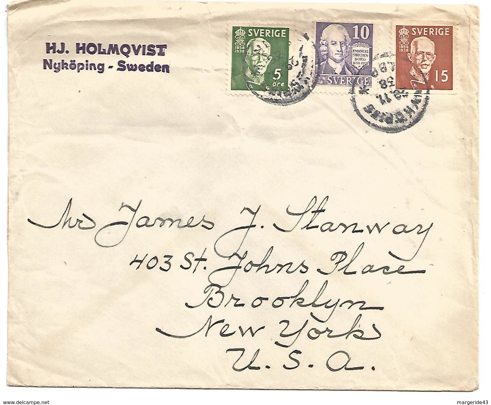 SUEDE LETTRE DE NYKÖPING POUR LES USA DU 29/11/1938 - 1930- ... Rouleaux II