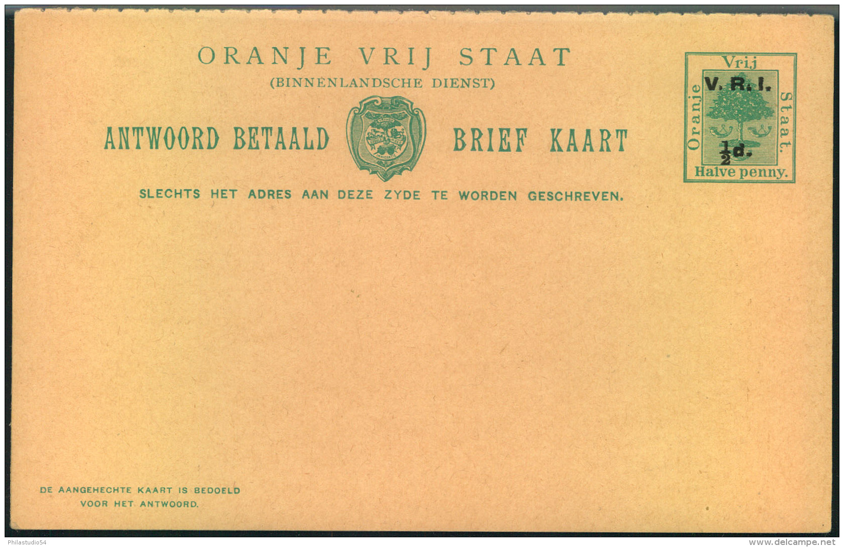 Double Stat. Card 1/2 Penny Overprinted ""V.R.I. 1/2 D."" Clean Unsused. - Stato Libero Dell'Orange (1868-1909)