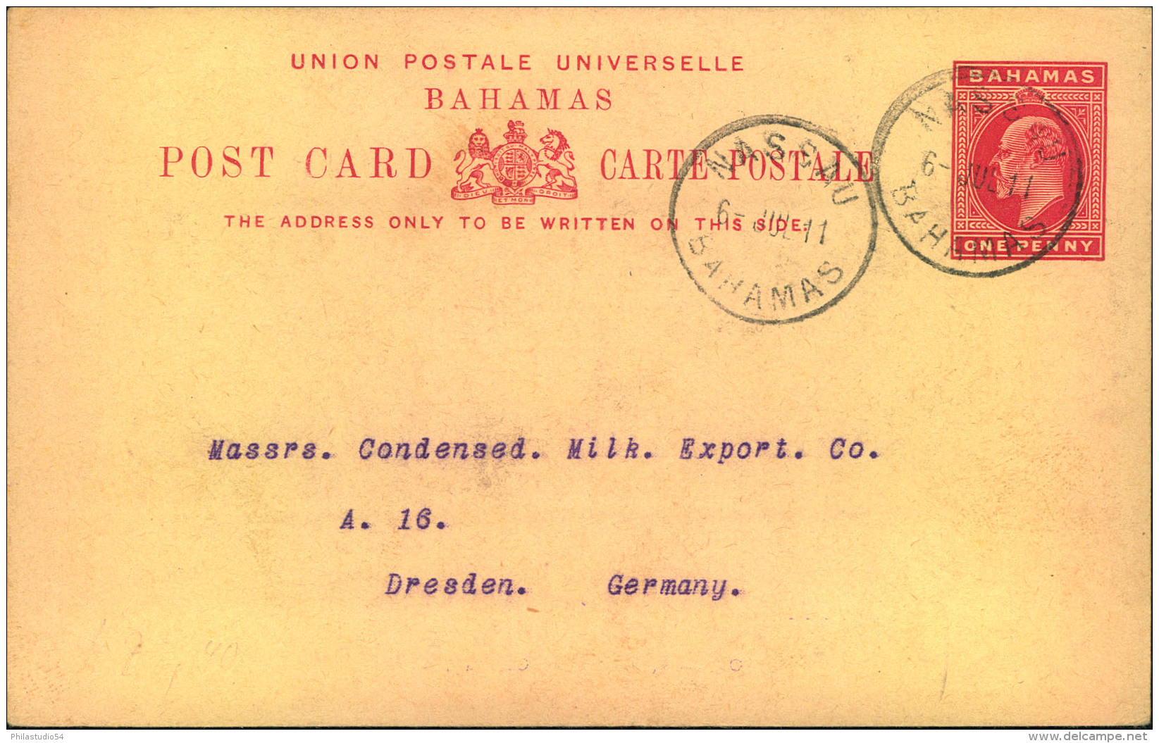 1911, 1 D Stat. Card With Private Imprint From ""Bank Of Nassau"" Sent To Dresden, Germany. - Otros & Sin Clasificación