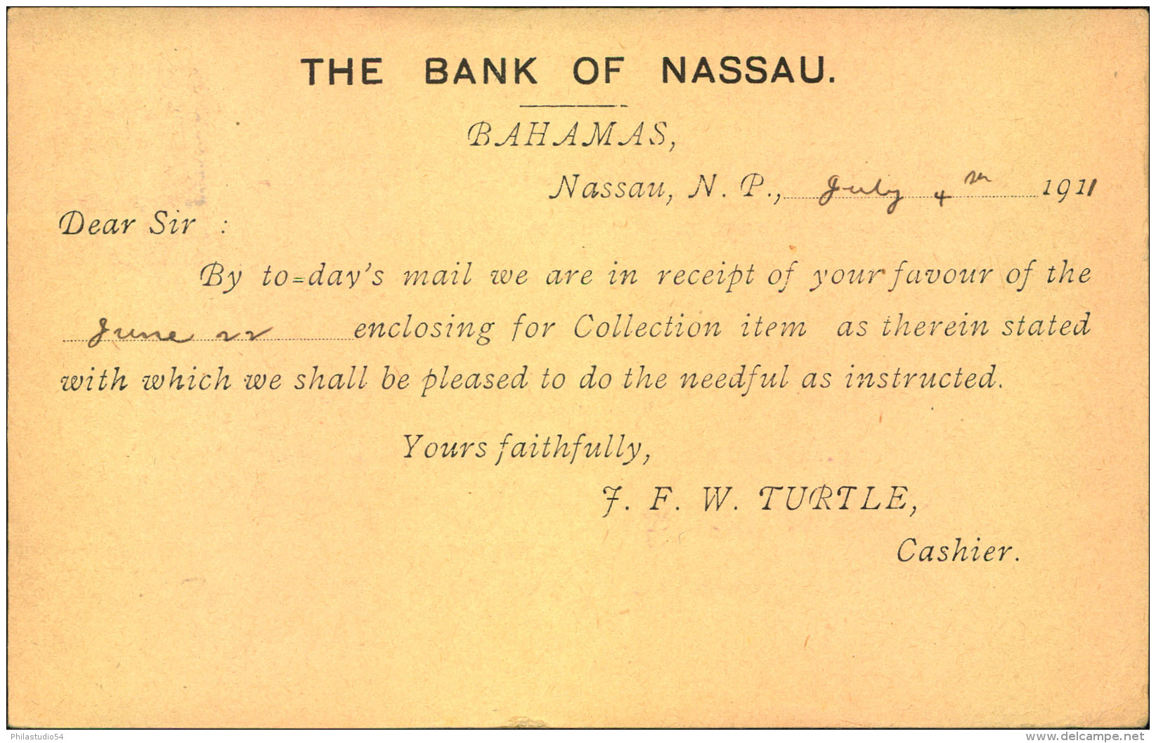 1911, 1 D Stat. Card With Private Imprint From ""Bank Of Nassau"" Sent To Dresden, Germany. - Autres & Non Classés