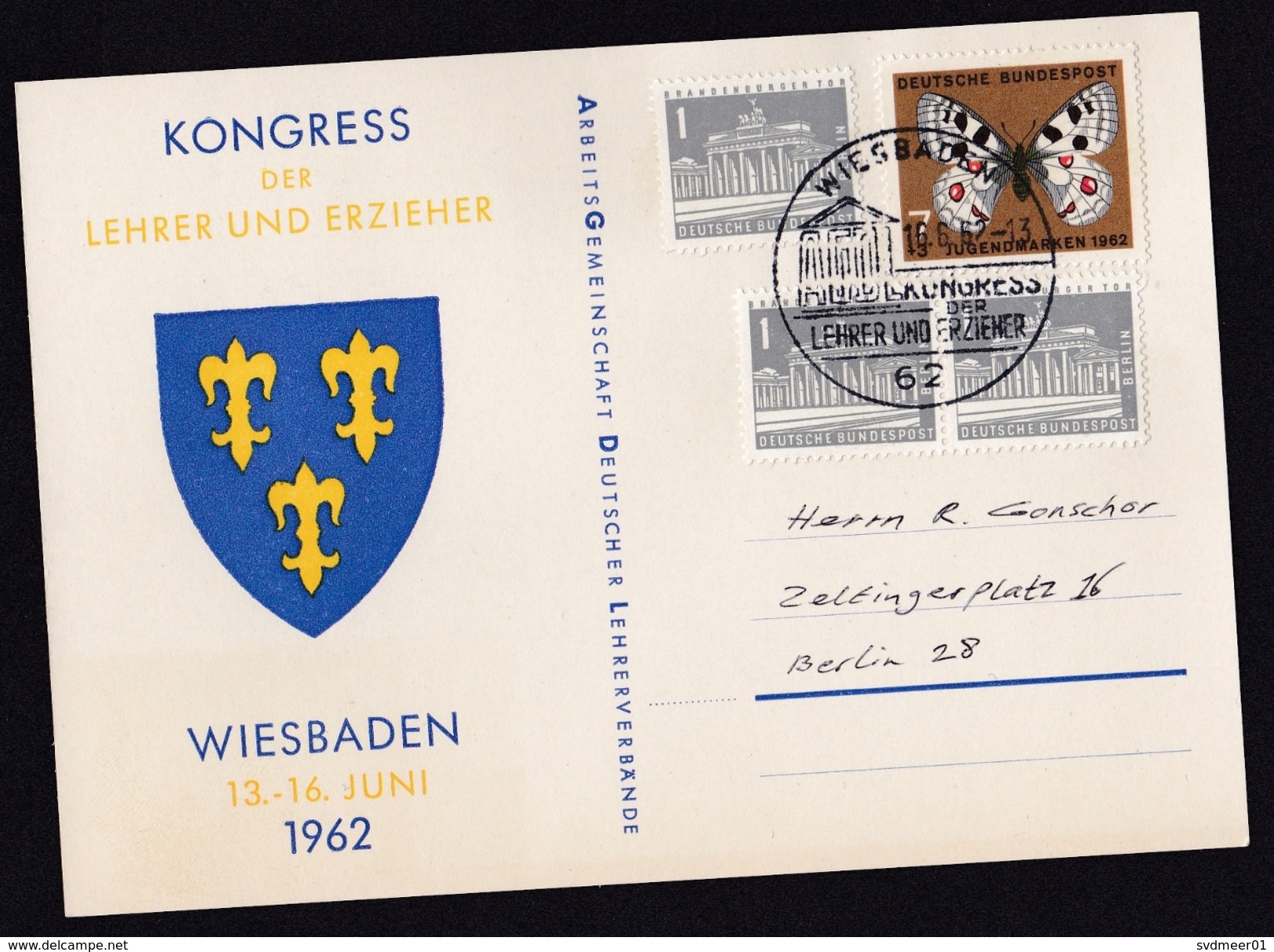 Germany: Postcard, 1962, 4 Stamps, Butterfly, Building, Cancel Teachers Conference (traces Of Use) - Brieven En Documenten