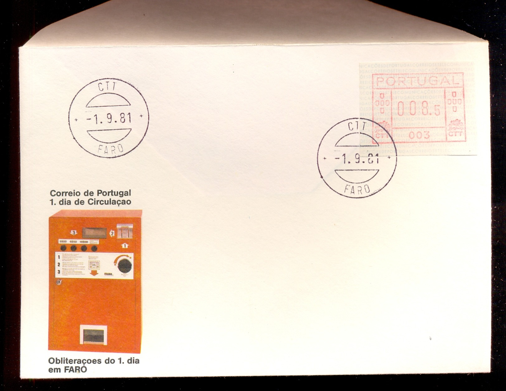 FDC PORTUGAL 003 FARO * 008.5 * 1981 * LABEL ATM FRAMA - Timbres De Distributeurs [ATM]