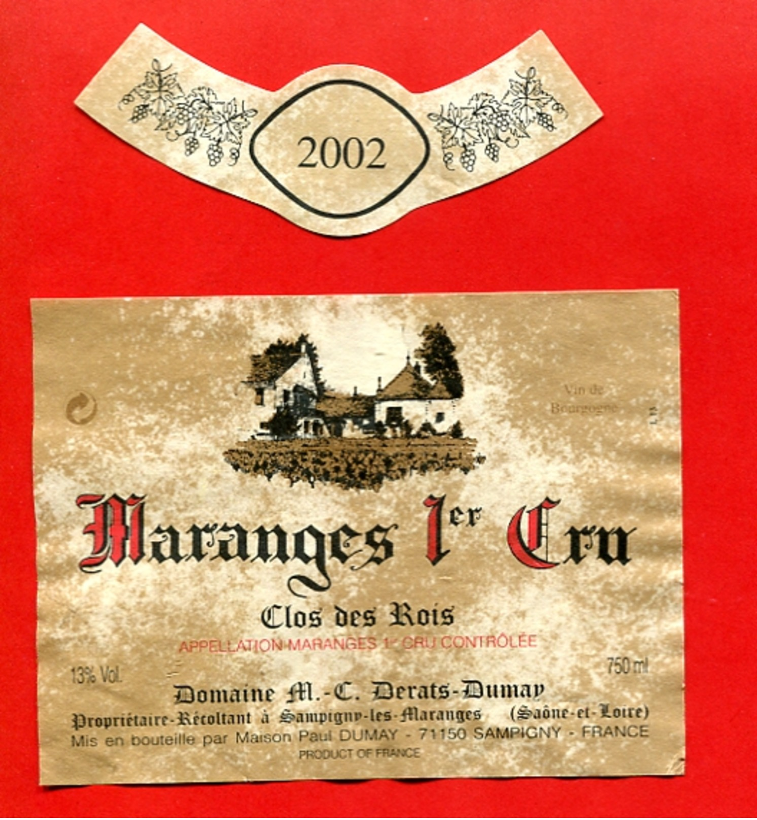 556 - Etiquette De Vin  " MARANGES 1er Cru " Clos Des Rois De 2002 - Bourgogne