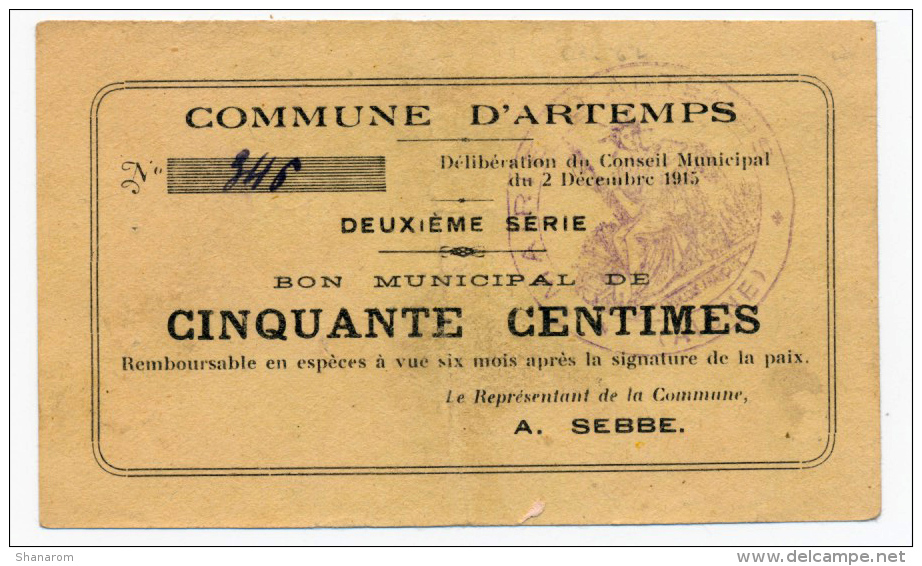 1914 - 1918 // Ville D' ARTEMPS //  Bon De 50 Cts - Bons & Nécessité