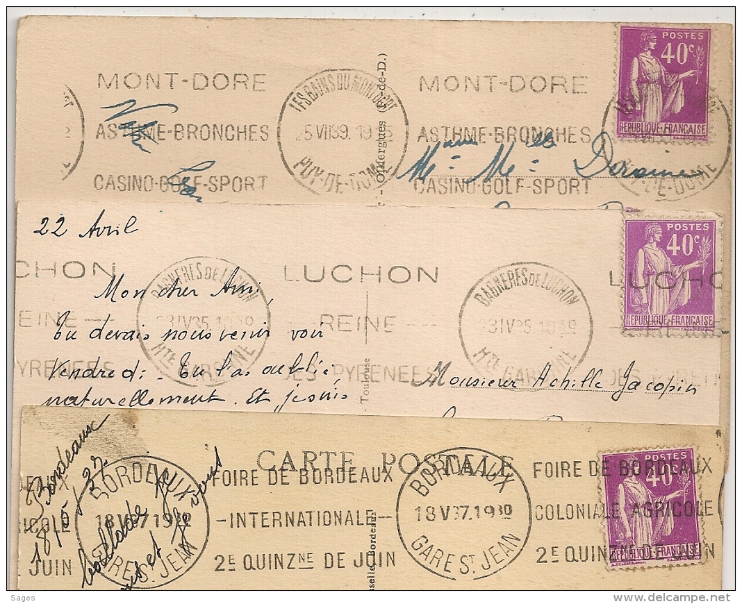 Foire De BORDEAUX, LES BAINS DU MONT D'ORE Et BAGNIERES DE LUCHON Sur 3 CPA Au Type PAIX. - Oblitérations Mécaniques (flammes)