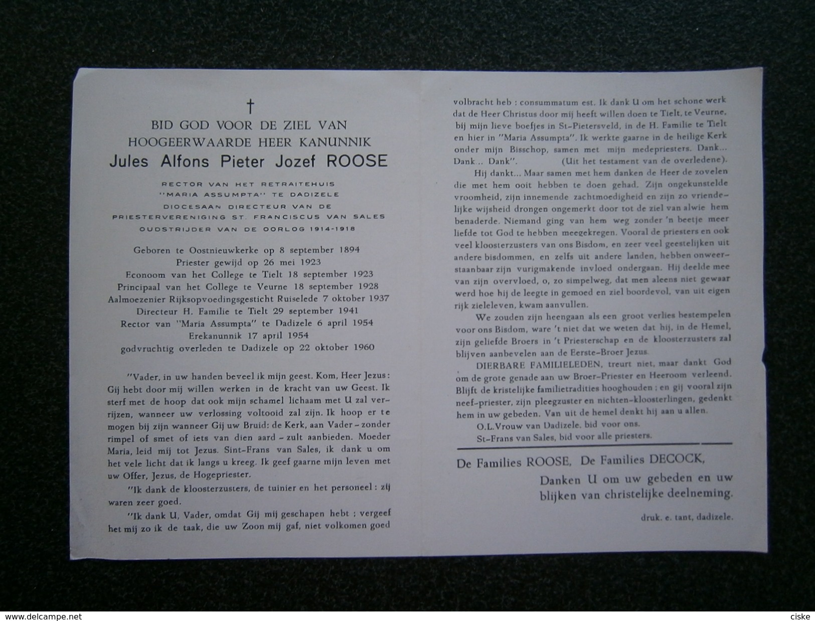 Eerwaarde Heer Priester Jules-Alfons-Pieter-Jozef Roose ° Oostnieuwkerke 1894 + Dadizele 1960, Tielt, Veurne, Ruiselede - Religion & Esotérisme