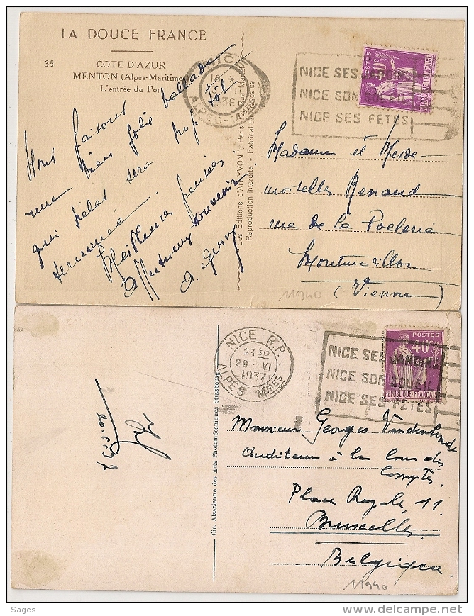 NICE Et NICE R.P. SES JARDINS, SON SOLEIL, SES FETES Sur 2 CPA Au Type PAIX. 1936 Et 1937. - Oblitérations Mécaniques (flammes)