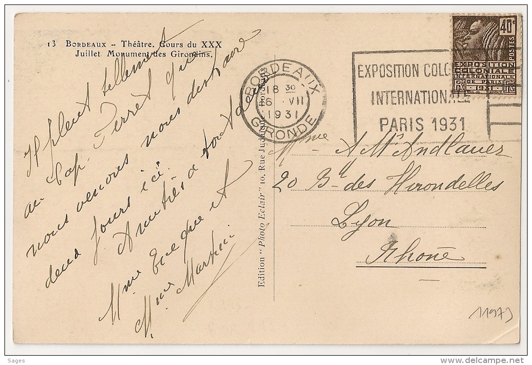 BORDEAUX Gironde, EXPOSITION COLONIALE PARIS 1931 Sur 40c FACHI. BOR 218. - Oblitérations Mécaniques (flammes)