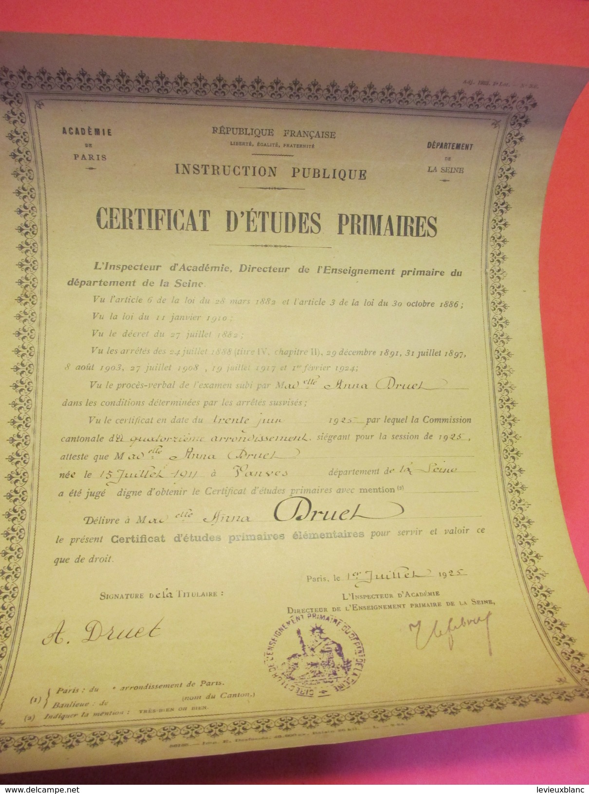Certificat D'Etudes Primaires/Académie De Paris/ Département De La Seine/ Anna DRUET/1925  DIP124 - Diploma & School Reports