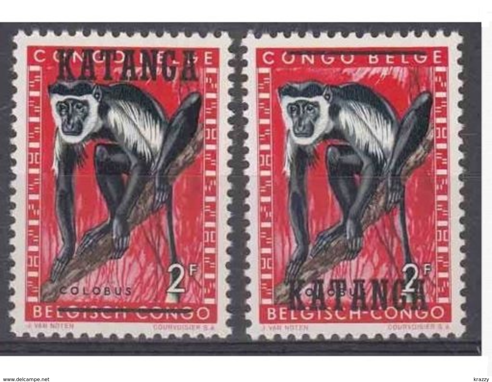 KATANGA 1960 - 2Fr Monkey Overprint  Variety Misplaced + Normal Ovpt Transposed Error MNH - Katanga