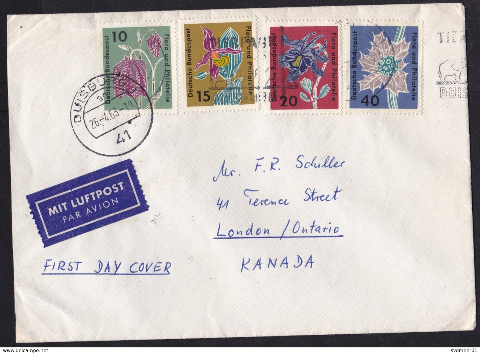 Germany: Airmail Cover To Canada, 1963, 4 Stamps, Flowers, First Day Of Use, Air Label (traces Of Use) - Brieven En Documenten