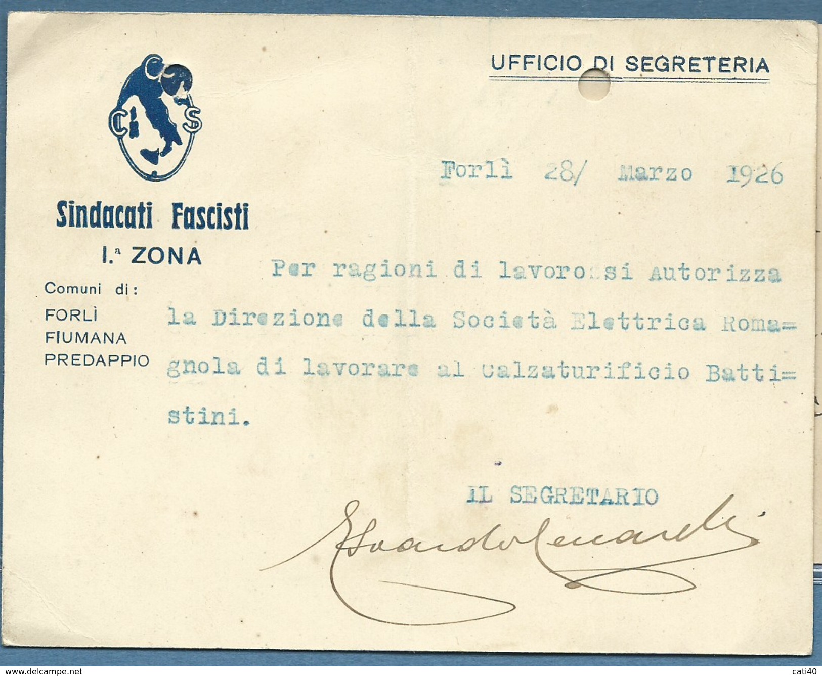 SINDACATI FASCISTI ZONA FORLÌ FIUMANA PREDAPPIO BIGLITTO AUTOGRAFONDEL SEGRETARIO CECCARELLI 28/3/1926 - Cartoncini Da Visita