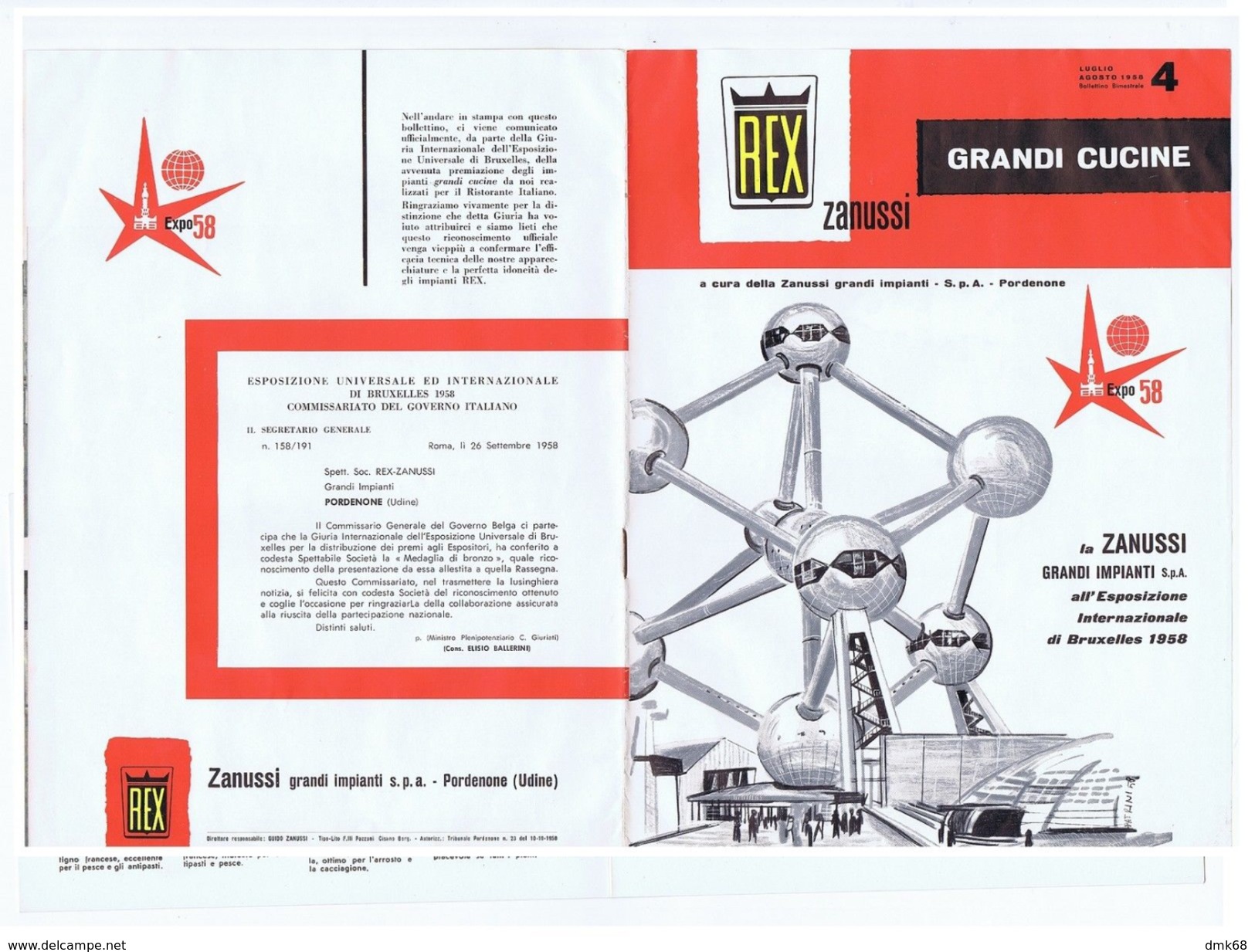 PORDENONE - ZANUSSI REX GRANDI CUCINE - EXPO INTERN. BRUXELLES - BROCHURE 1958 - Pubblicitari