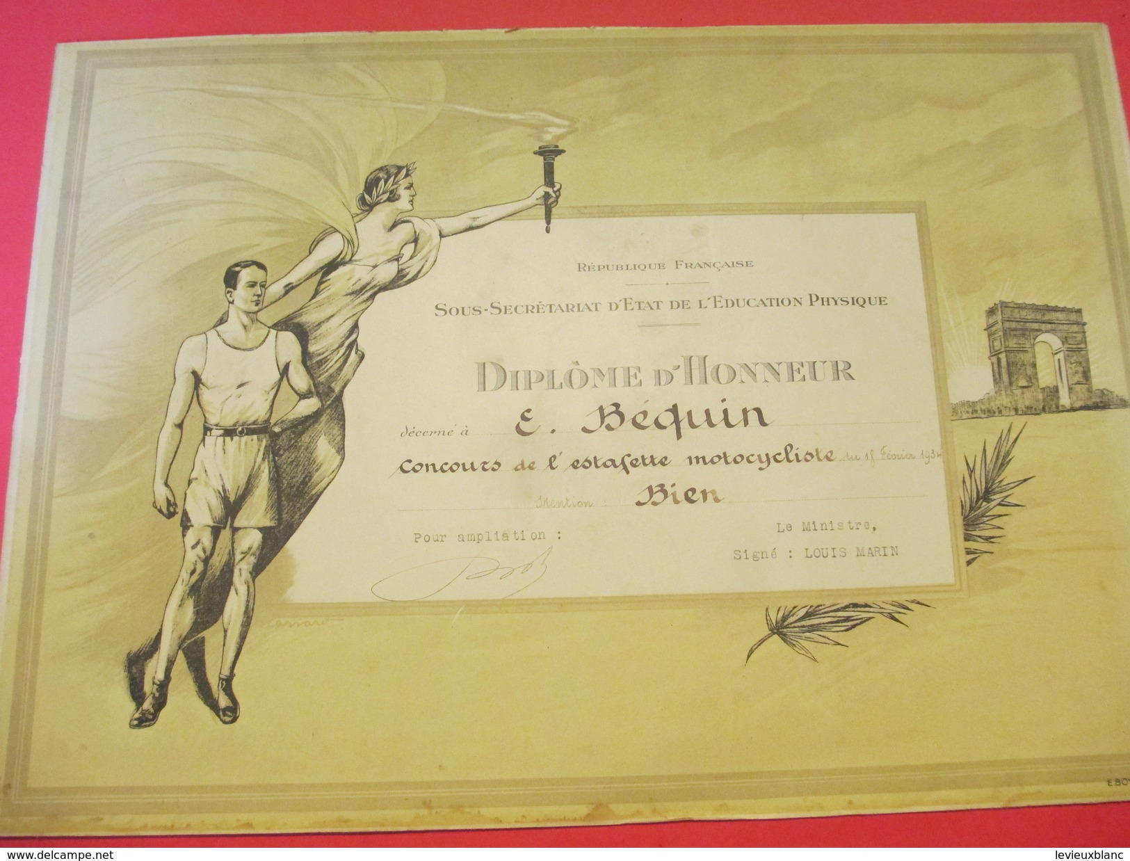 Diplôme D'Honneur/ Sous-secrétariat D'Etat De L'Education Physique/ Estafette Motocycliste/BEQUIN///1934   DIP127 - Diploma's En Schoolrapporten