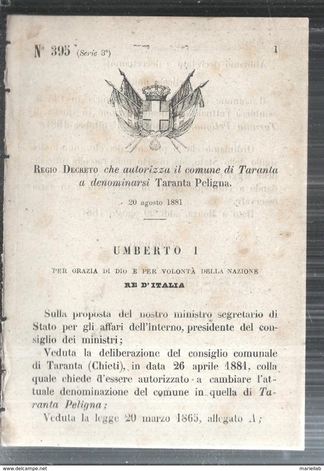 TARANTA PELIGNA-CHIETI.REGIO DECRETO.CHE AUTORIZZA IL COMUNE DI TARANTA A DENOMINARSI.TARANTA PELIGIA.1881-MM.143 - Decreti & Leggi