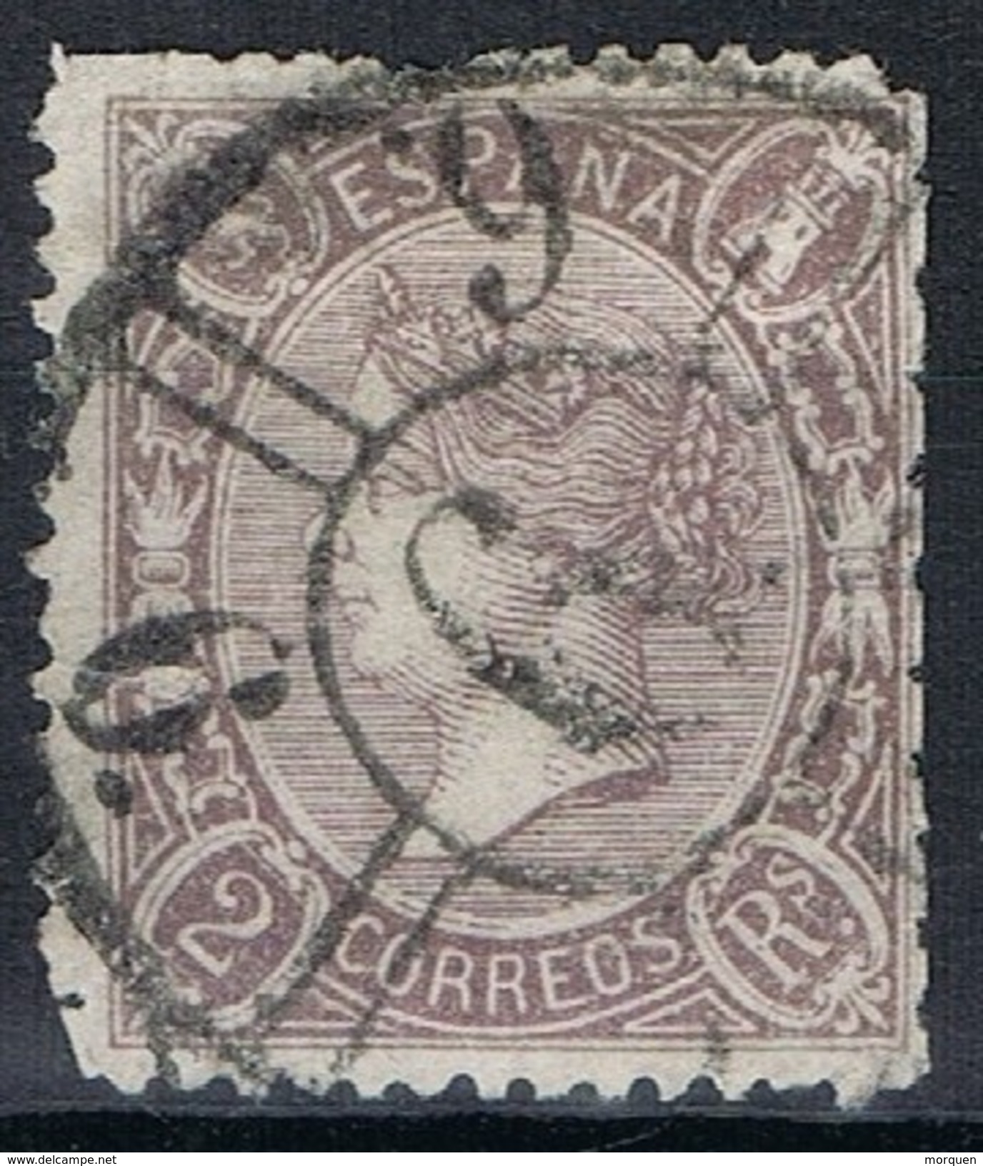 Sello 2 Reales Isabel II 1865, Lila Oscuro, Carreta Modificada Num 6 De MALAGA, Edifil Num 79 º - Usados