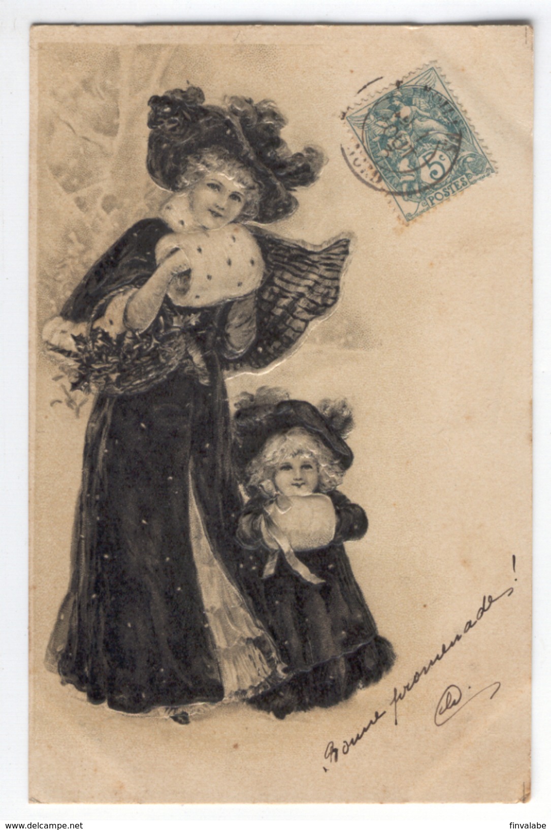 Illustration Femme Petite Fille Manteau Chapeau Gaufrée - 1900-1949