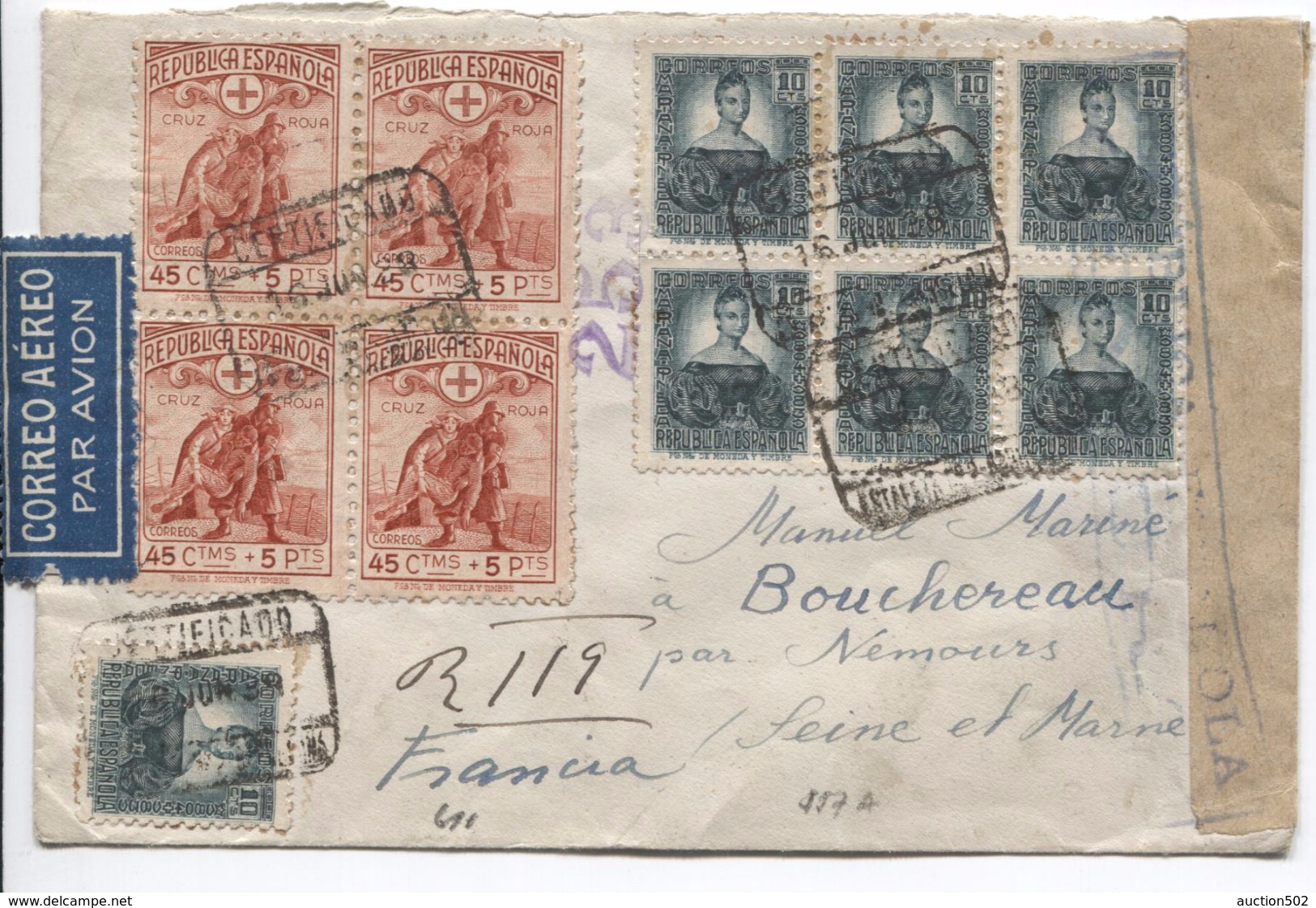 Spain Registered Air Mail Cover 1938 Republican Censor To France Nemours Arrival Canc.PR3944 - Lettres & Documents