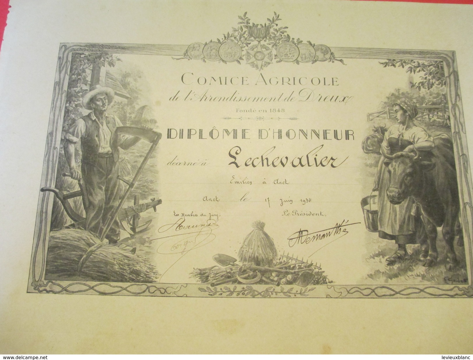 Diplôme D'Honneur/Comice Agricole/Arrondissement De DREUX/LECHEVALIER/Anet/Demantké/1934   DIP128 - Diplome Und Schulzeugnisse