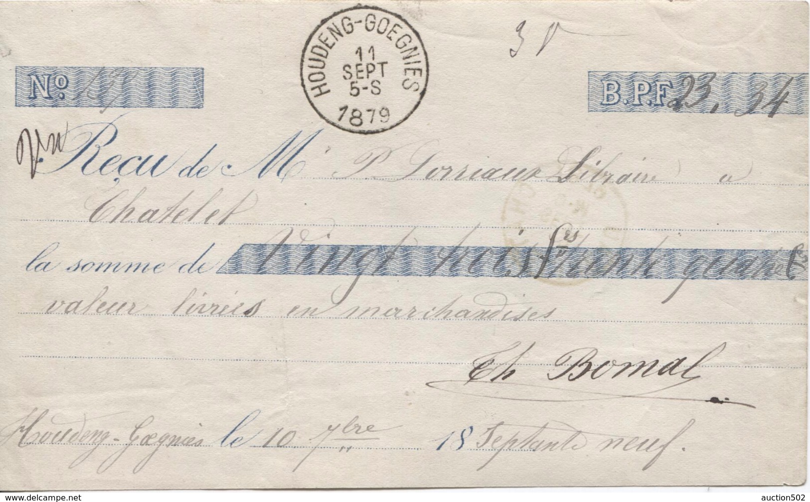 Reçu De 23,34 B.P.F.pour Libraire à Châtelet C.Houdeng-Goegnies 11/9/1879 Et Châtelineau 12/9/1879 PR3948 - 1800 – 1899