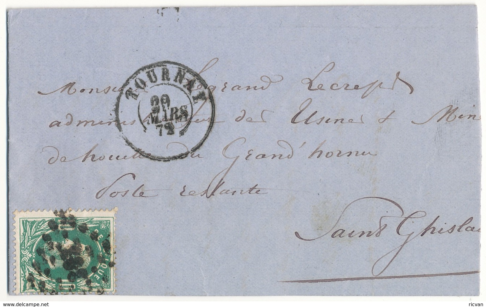 1872 BRIEF MET OBP30 VAN TOURNAI NAAR St GHISLAIN  AANKOMST- EN PUNTSTEMPEL Pt363 - 1869-1883 Léopold II