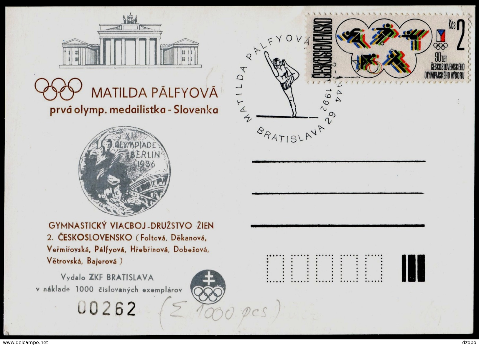 714-CZECHOSLOVAKIA Postal Card-imprint A Numbered M. PALFYOVA 1. The Slovak Olympic Medal Gymnastics 1000 Pcs 1992 - Sommer 1936: Berlin