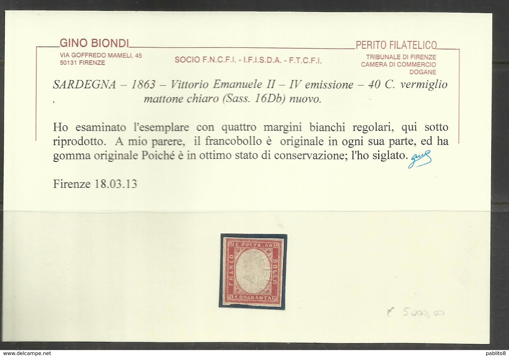 ANTICHI STATI SARDEGNA 1861 VITTORIO EMANUELE IV EMISSIONE CENT 40 40c VERMIGLIO MATTONE CHIARO MLH - Sardinia