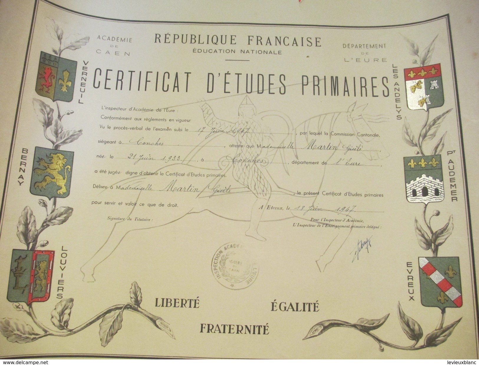 Diplôme De Certifcat D'Etudes Primaires/Education Nationale /Académie CAEN/Giséle MARTIN/Eure /1947          DIP131 - Diplome Und Schulzeugnisse