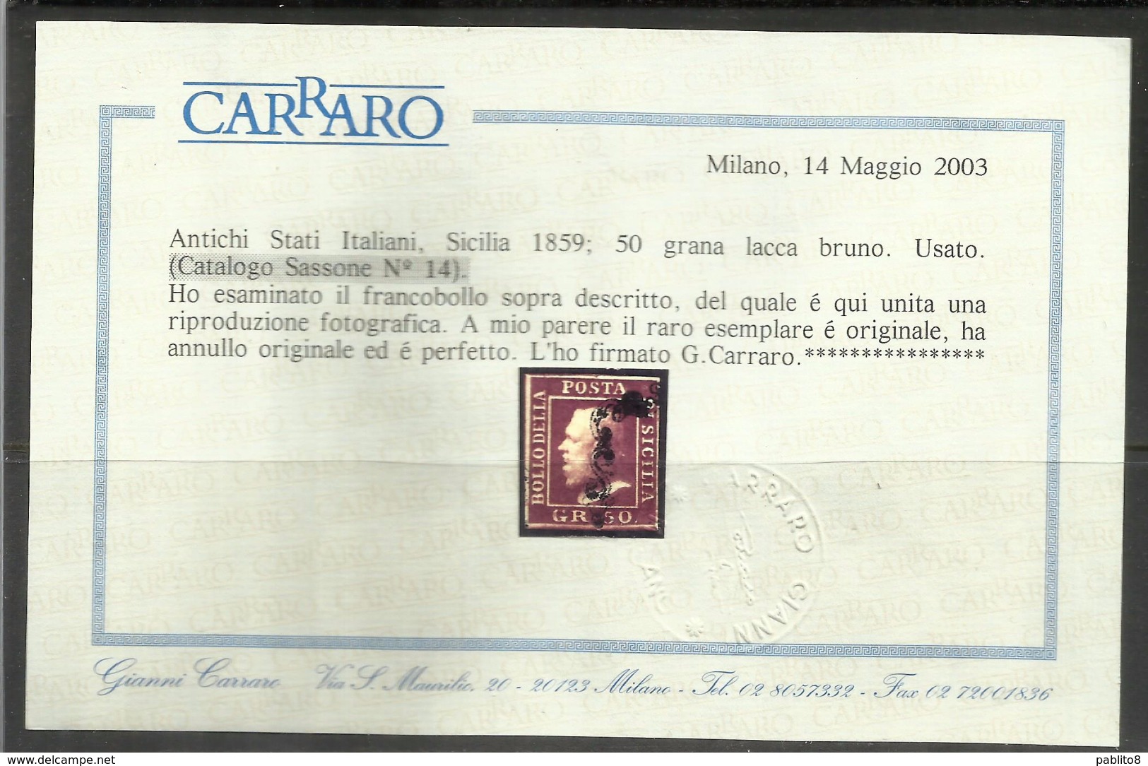 ANTICHI STATI SICILIA 1859 GRANA 50 50gr LACCA BRUNO USATO USED OBLITERE' - Sicile