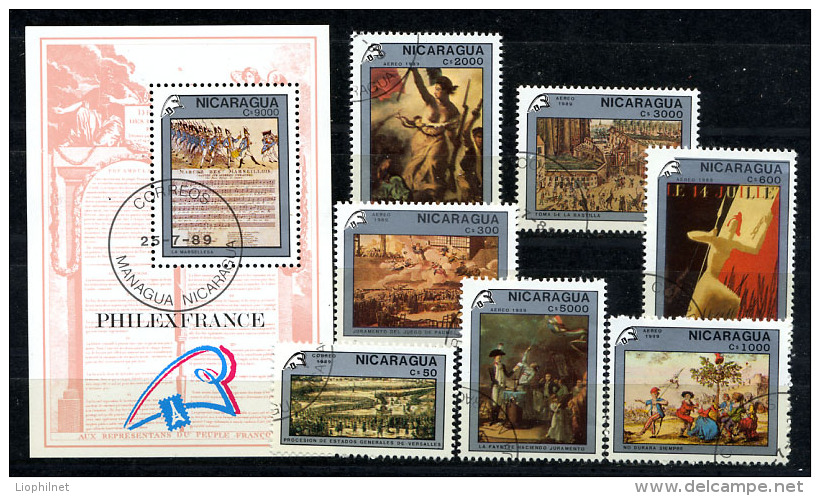 NICARAGUA 1989, Bicentenaire Révolution Française, Tableaux, 7 Valeurs Et 1 Bloc, Oblitérés / Used. R180-1 - Rivoluzione Francese