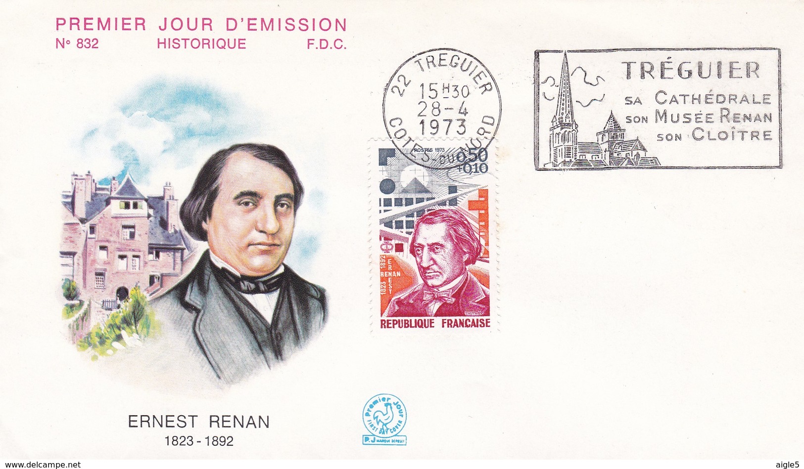 France.1973- FDC- TREGUIER. Sa Cathédrale, Son Musée Renan, Son Cloître- Ernest RENAN- 1823-1892 - 1970-1979