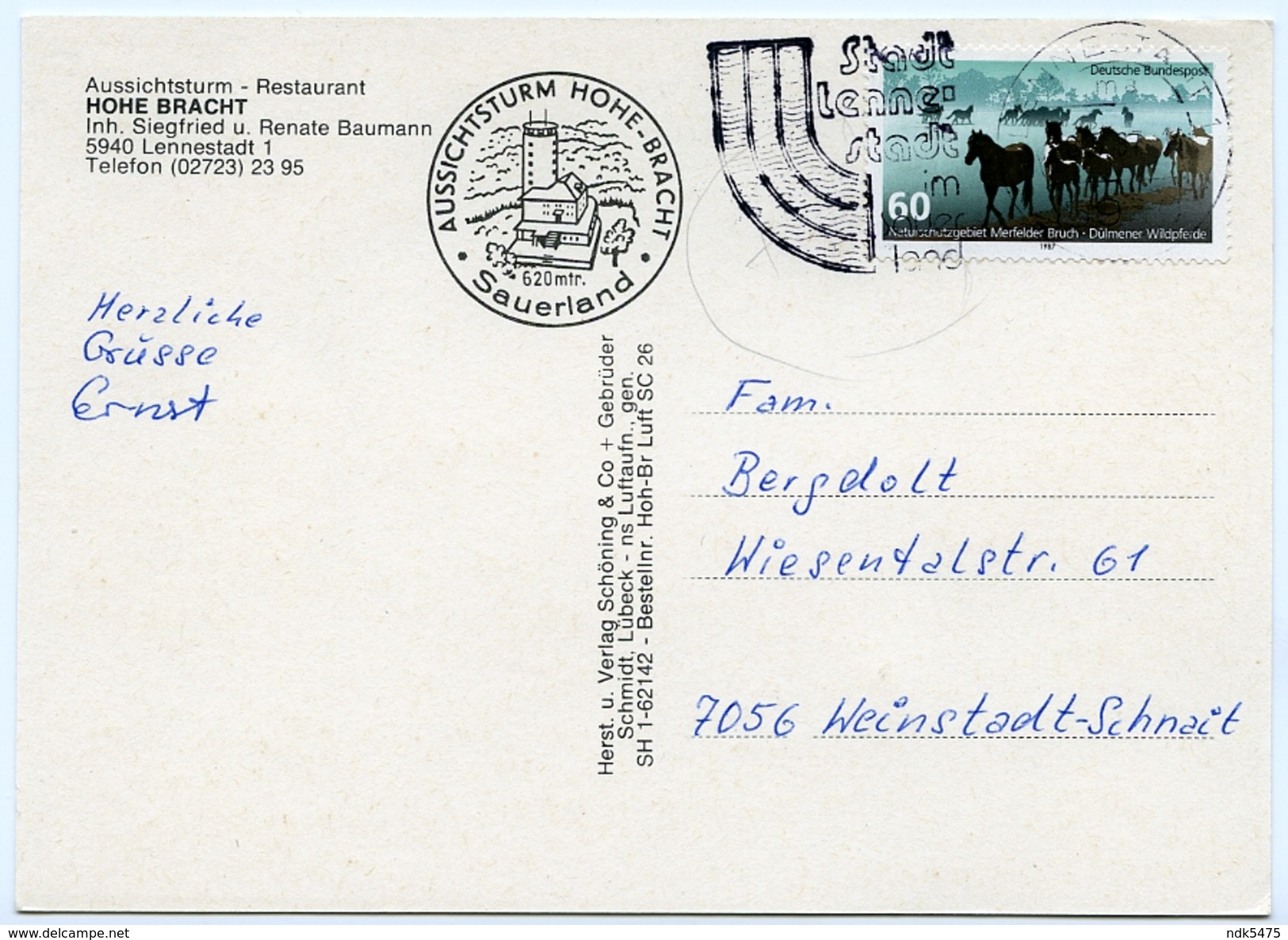 ALLEMAGNE : LENNESTADT - HOHE BRACHT RESTAURANT / POSTMARK - STADT LENNE STADT / WEINSTADT  (10 X 15cms Approx.) - Lennestadt