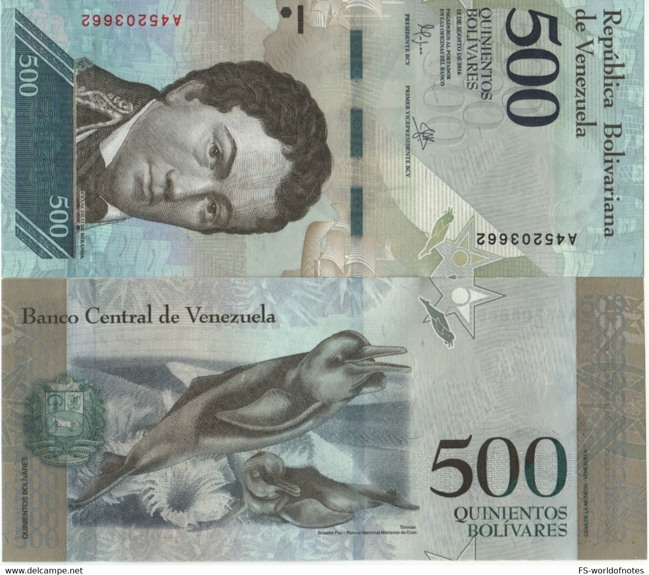 VENEZUELA. 500 Bolivares   P94b   23.3.2017  (Francisco De Miranda- Amazon River Dolphins)  UNC. - Venezuela