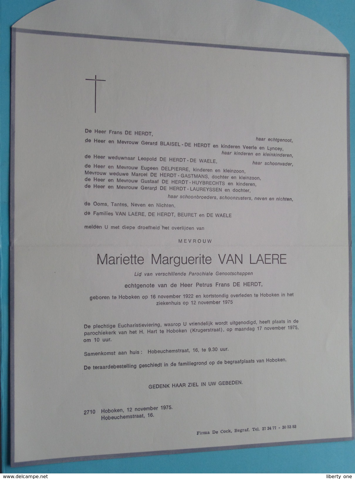 Mariette VAN LAERE Hoboken 16 Nov 1922 - 12 Nov 1975 Hoboken ( Doodsbrief - Zie Foto ) !! - Décès