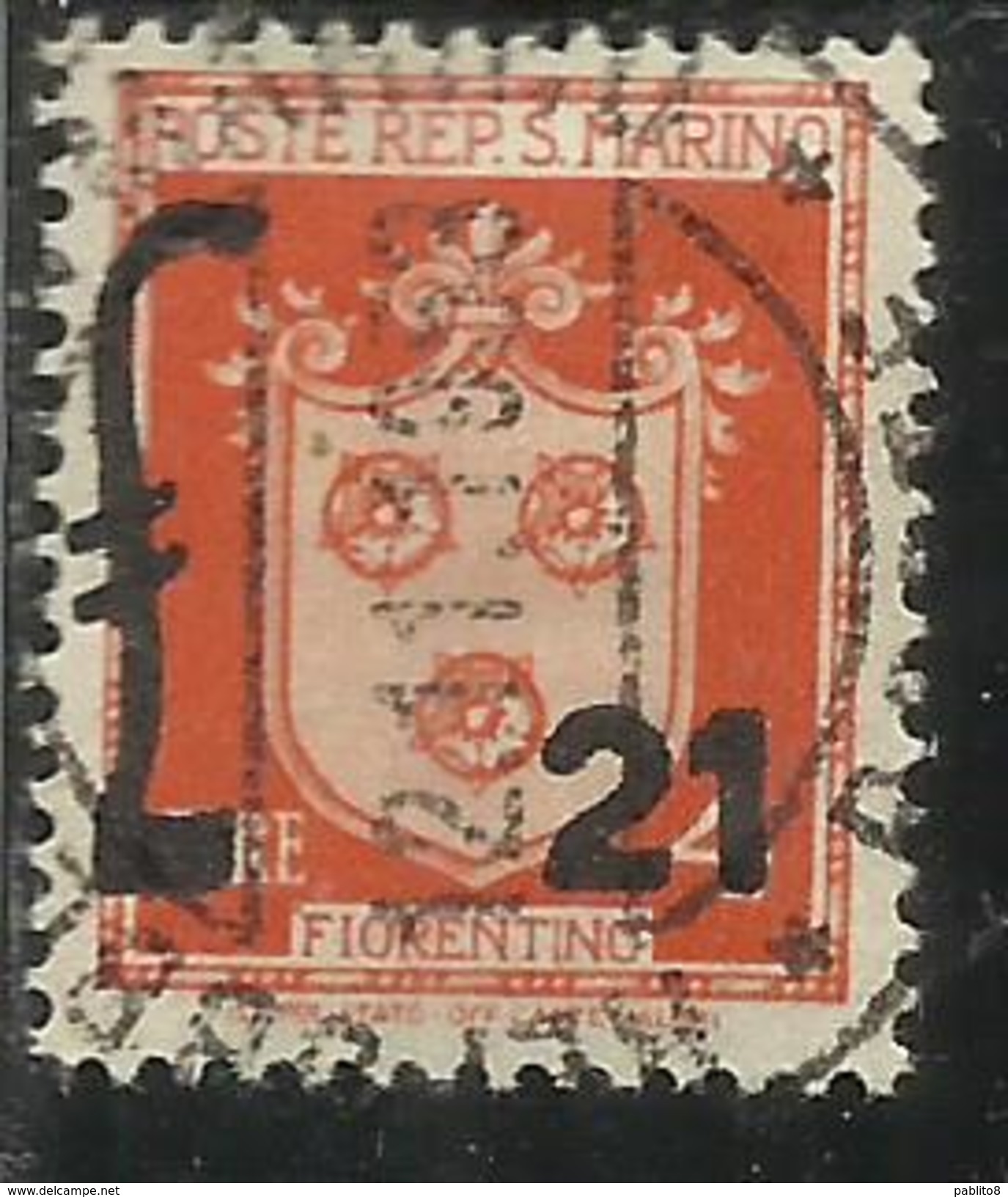 REPUBBLICA DI SAN MARINO REPUBLIC 1947 STEMMI SOPRASTAMPATO COAT OF ARMS SURCHARGED ARMOIRIES LIRE 21 SU 4 USATO USED - Usati