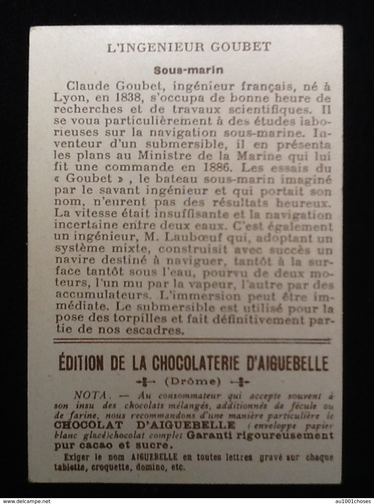 Ancien Chromo Chocolat D' Aiguebelle Sous-Marin Ingénieur Goubet - Guérin-Boutron