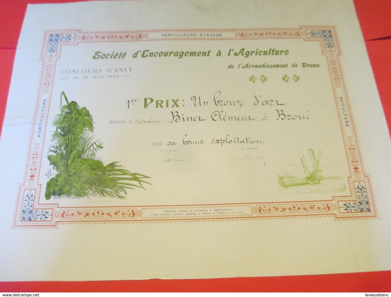 Diplôme/Société D'Encouragement à L'Agriculture//Dreux/Concours D'Anet/ 1er Prix /Clément BINET/Broué/1922        DIP133 - Diploma's En Schoolrapporten