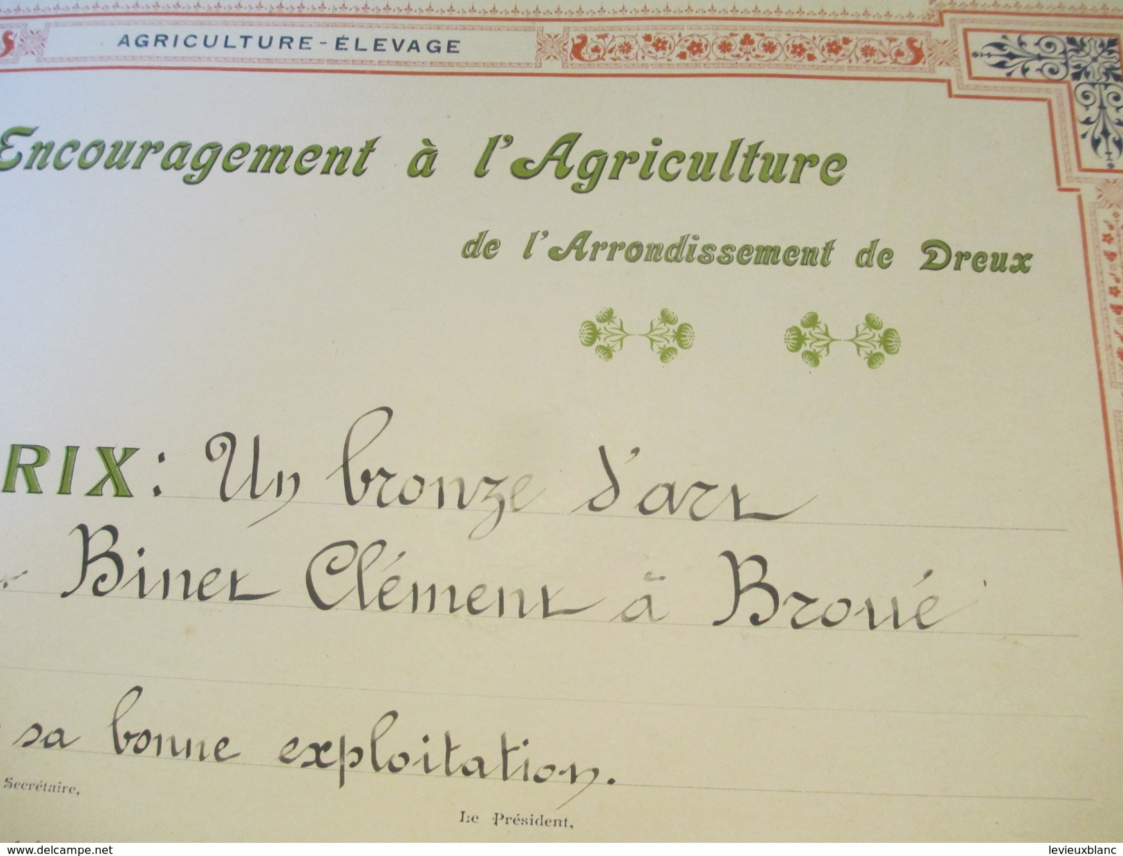 Diplôme/Société D'Encouragement à L'Agriculture//Dreux/Concours D'Anet/ 1er Prix /Clément BINET/Broué/1922        DIP133 - Diploma & School Reports