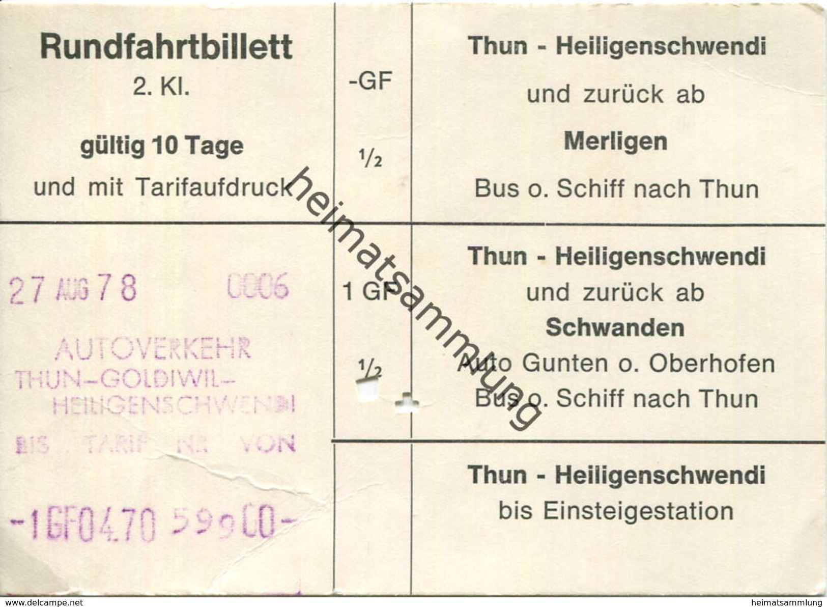 Schweiz - Thun Heiligenschwendi Und Zurück Ab Merligen - Rundfahrtbillett 2.Kl. - Europe