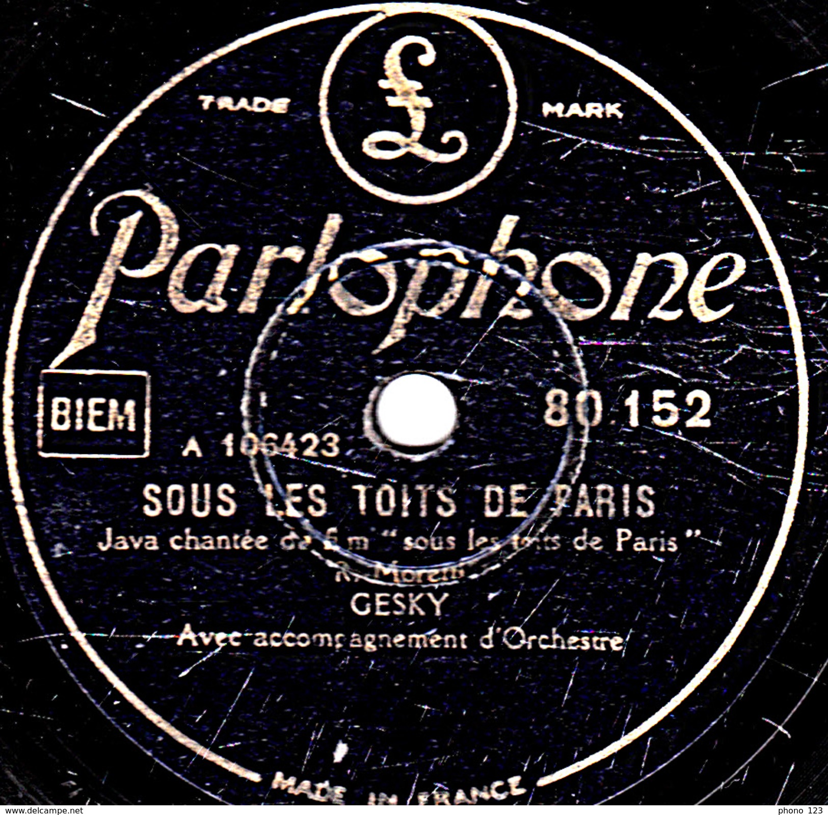 78 T. 25 Cm - état B -  GESKY - SOUS LES TOITS DE PARIS - C'EST PAS COMME CA - 78 T - Disques Pour Gramophone