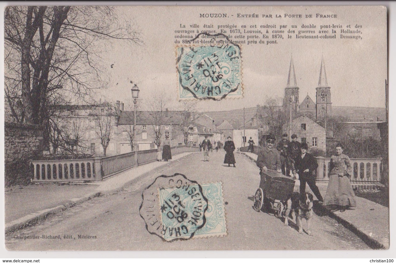 MOUZON : VOITURE - ATTELAGE DE CHIEN - PORTE DE FRANCE - 1906 - 2 SCANS - - Autres & Non Classés