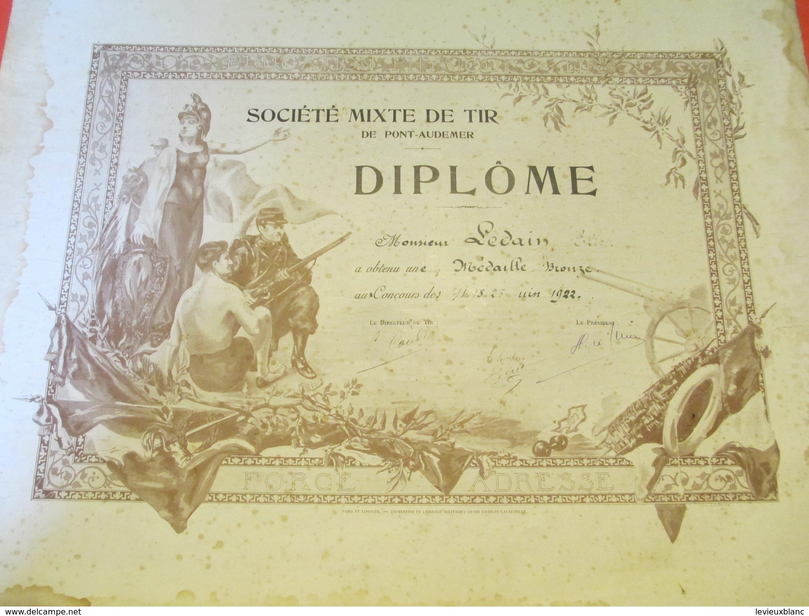 Diplôme / Société Mixte De Tir De PONT-AUDEMER/Elie LEDAIN/ Médaille De Bronze/ 1922             DIP142 - Diploma's En Schoolrapporten