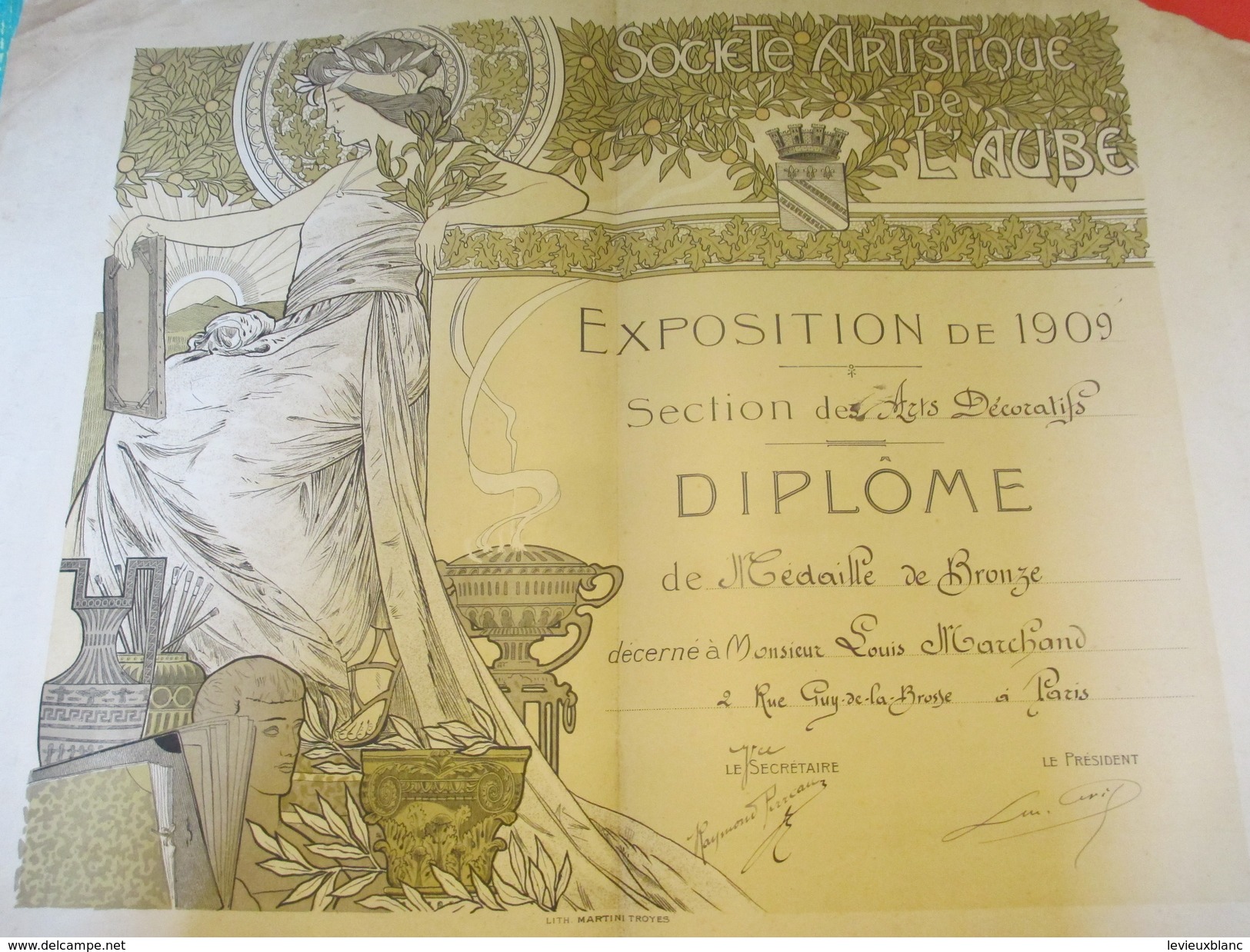 Diplôme Méd. De Bronze/Soc. Artistique De L'AUBE/Exposition De 1909/Section Des Arts Décoratifs/L.MARCHAND//1909  DIP144 - Diplome Und Schulzeugnisse