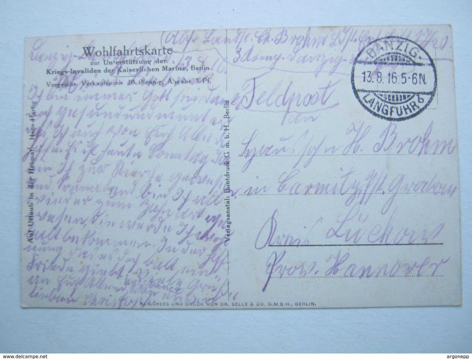 1916 ,  Danzig Langfuhr , Klarer Stempel Auf Feldpostkarte - Feldpost (portvrij)