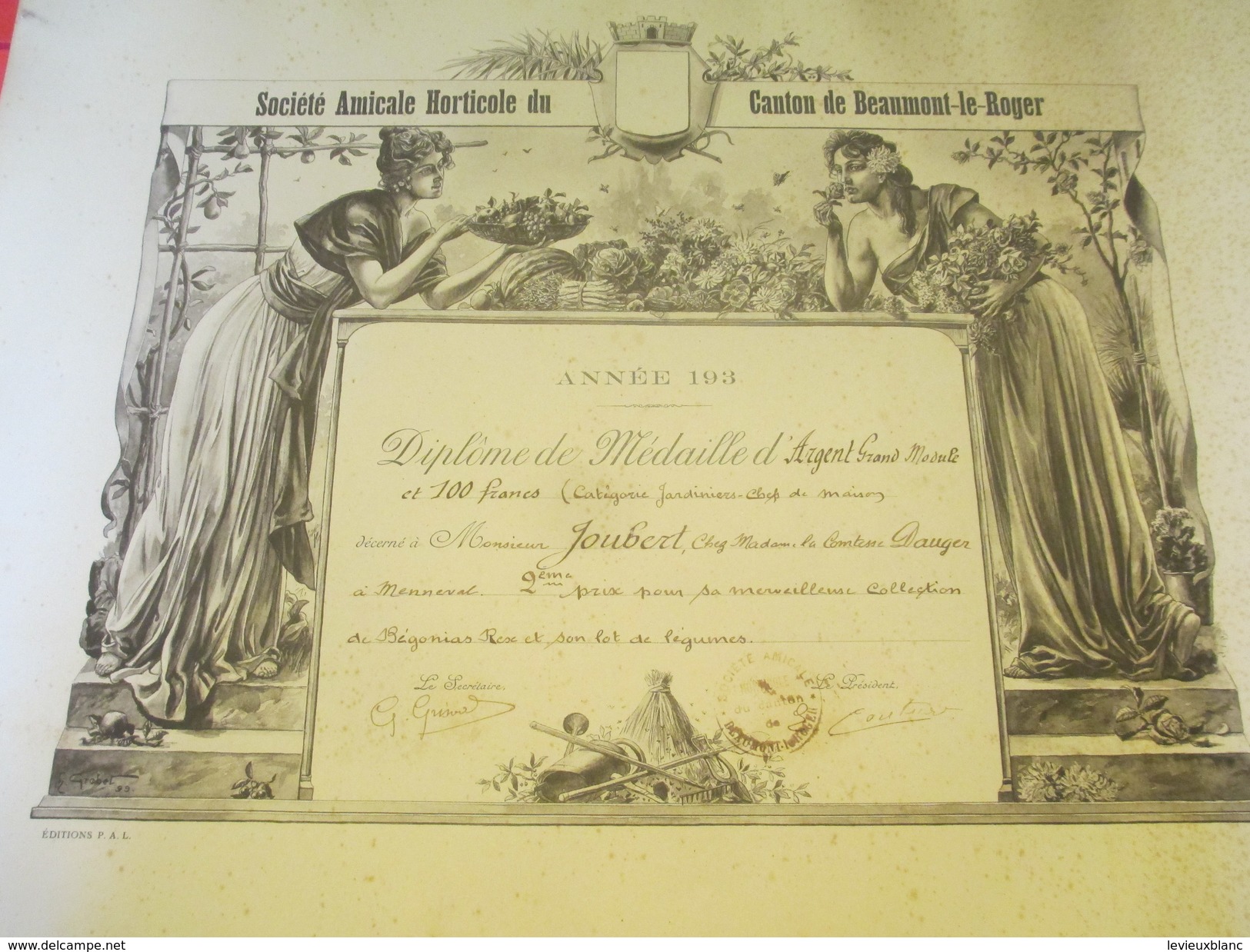 Diplôme Médaille D'Argent/Soc.Amicale Horticole Canton Beaumont  Roger/Eure/JOUBERT/Comtesse DAUGER/Menneval/1930 DIP148 - Diplome Und Schulzeugnisse